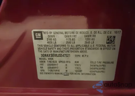 2018 Chevrolet Equinox Lt из США, поврежденный, VIN 3GNAXSEV8JS547521